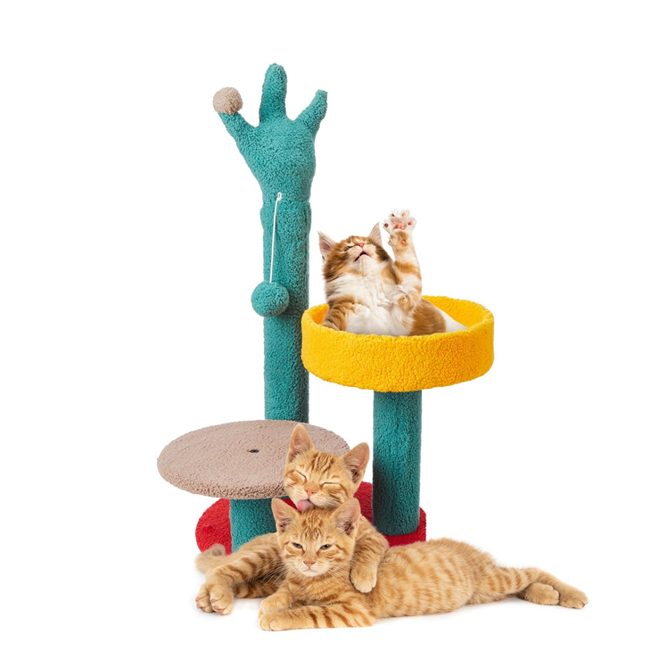 Playful Cactus Cat Climbing Tower