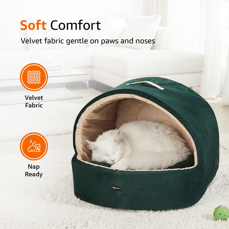 Emerald Velvet Covered Cat Cozy Cave Bed