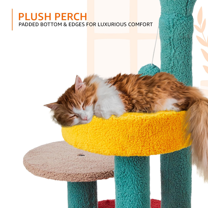 Playful Cactus Cat Climbing Tower