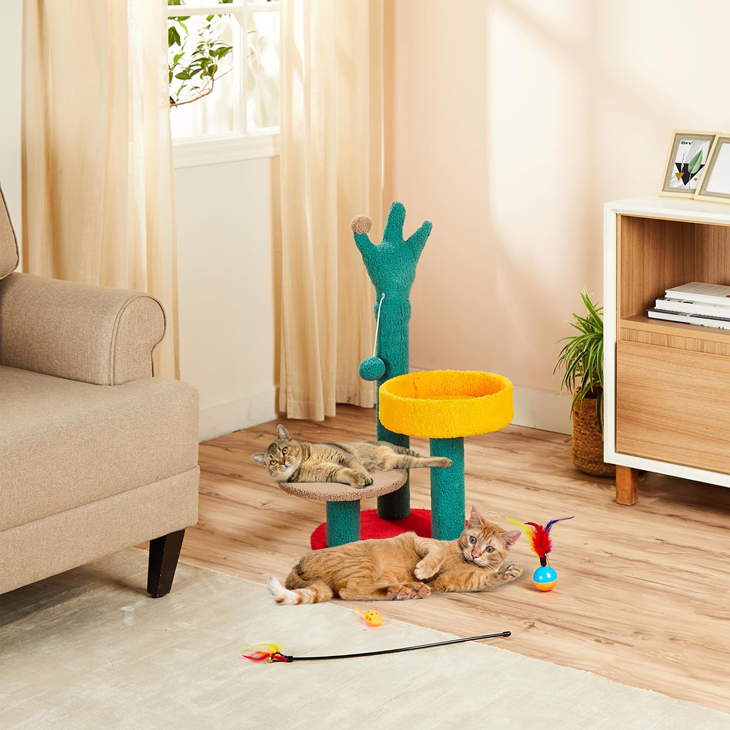 Playful Cactus Cat Climbing Tower