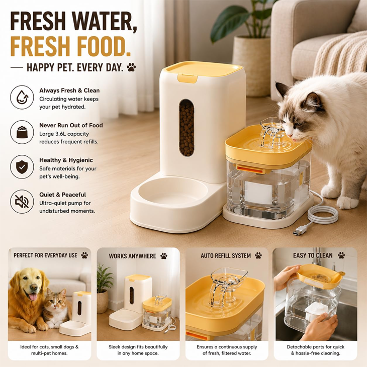 Food Feeder Set with USB Powered Water Fountain